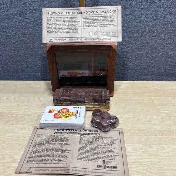 Vintage Uniquely C. Wooden Domino & Dice Cards Set in Decorative Wooden Box, - Picture 2 of 11